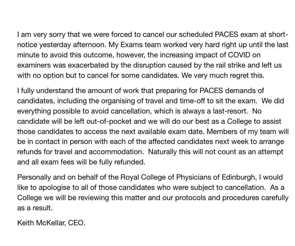 A statement from our CEO on the cancellation of PACES exams this weekend