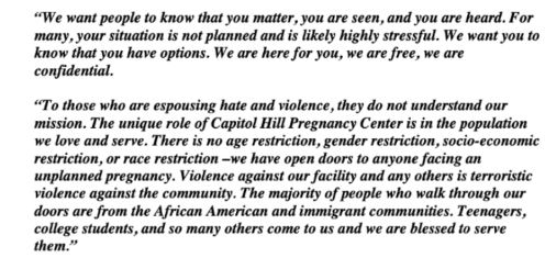Greg Piper (@gregpiper) on Twitter photo Statement from Capitol Hill Pregnancy Center on the activists using intimidation and threats of violence to dissuade primarily black and immigrant clients from seeking maternal care. #JanesRevenge Statement from Capitol Hill Pregnancy Center on the activists using intimidation and threats of violence to dissuade primarily black and immigrant clients from seeking maternal care. #JanesRevenge