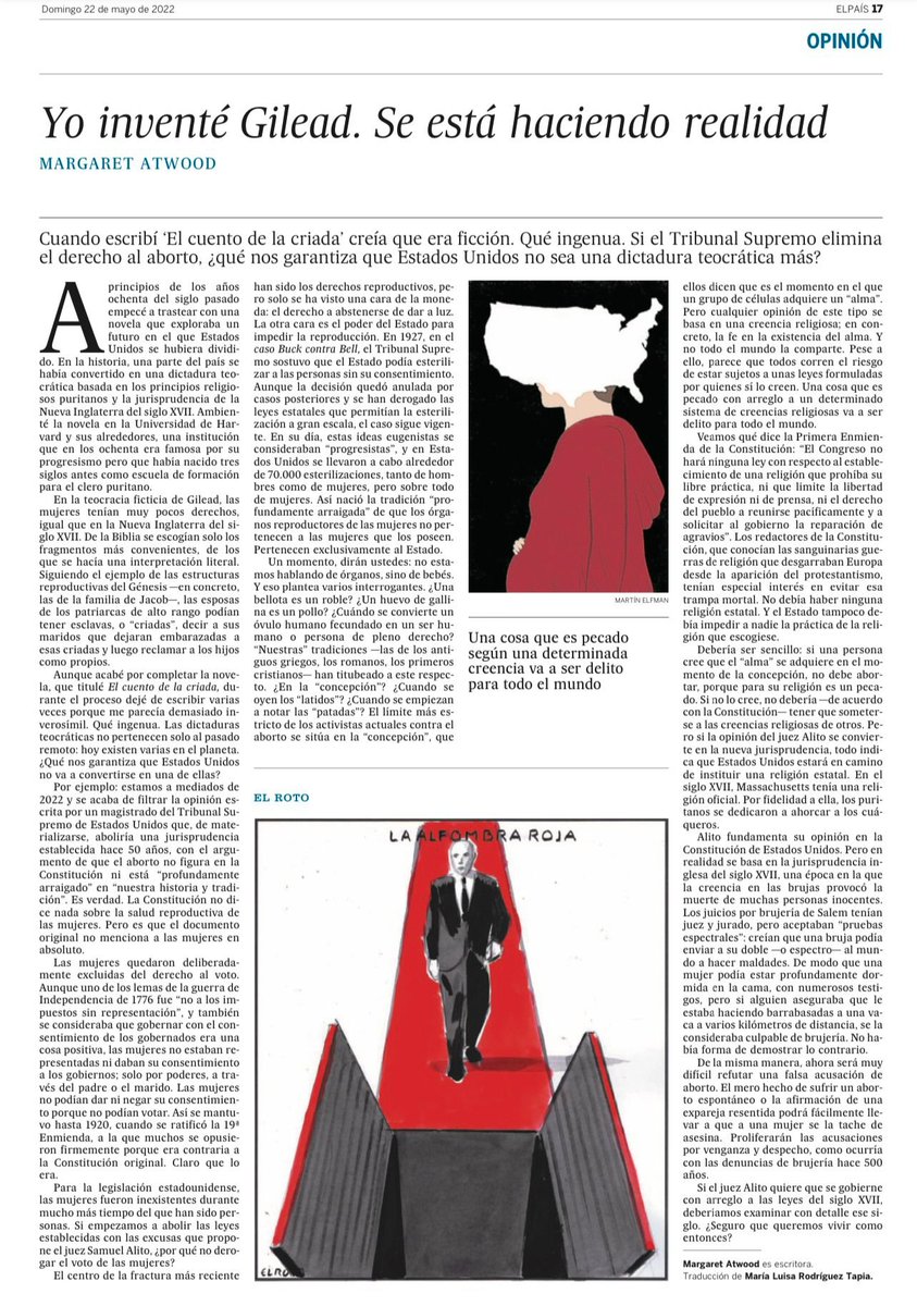 Margaret Altwood "Yo inventé Gilead. Se esta haciendo realidad", en El País