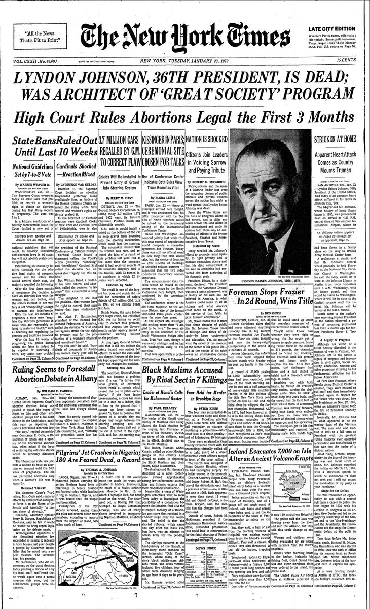 nytimes's tweet image. This was the New York Times front page on the day in 1973 that the Supreme Court decided Roe v. Wade in a 7-2 vote.