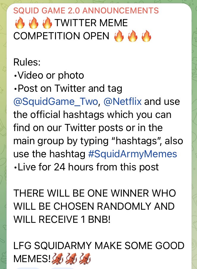 Meme competition active!!!

#Squid #SquidGame #SquidGameSeason2 #SquidGameS2  #crypto #cryptocurrency #Altcoins #Memecoin #dogecoin #CryptocurrencyNews #ElonMusk