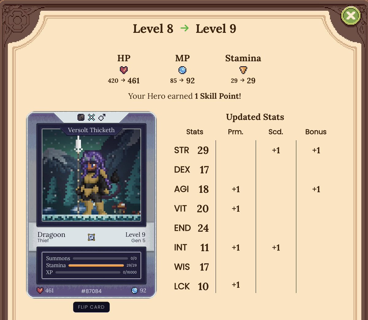 DFKnous's tweet photo. But heroes with good stats aren't just bought; they're also MADE. This hero was leveled up from Level 1, through diligent questing, sent on the #PerilousJourney (which it survived, gaining +5 in three stats), switched to #TrainingQuests for faster xp, and leveled with crystals... https://t.co/6Jb72Jkdxz