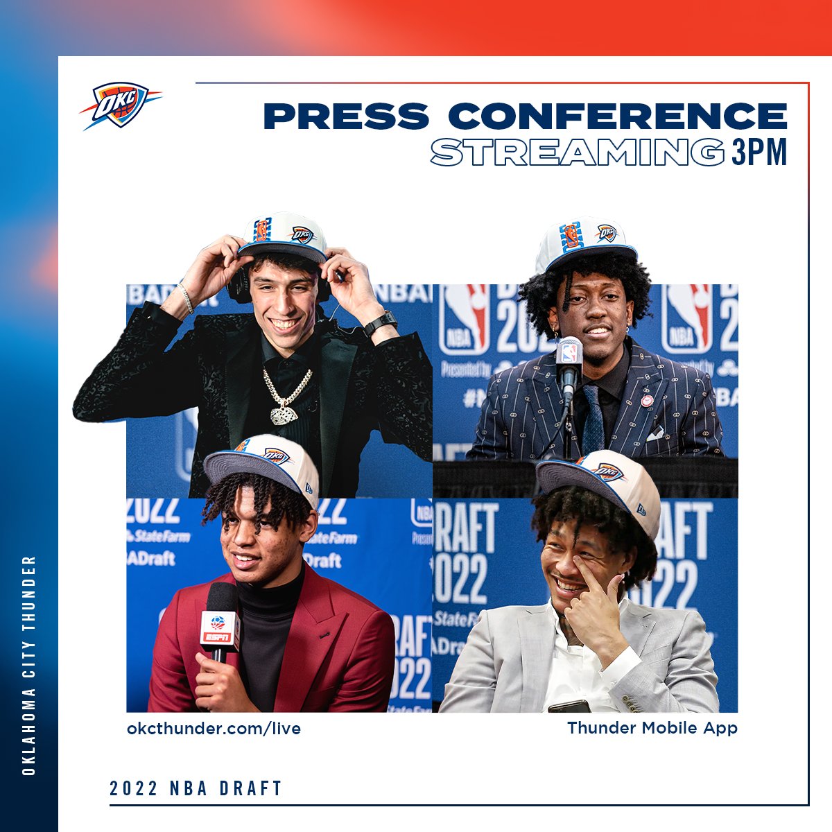 okcthunder's tweet photo. Welcome the newest members of the Thunder to OKC!

🕒 3PM CT
💻 https://t.co/rvLPnTwbnI https://t.co/0THZsV4Bn1
