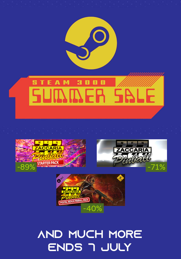 #pinball #SteamSummerSale  #zaccaria

Summer is here and we are flipping in on the Steam Summer Sale! Many bundles and DLC are now discounted, including our latest release: POSTAL Redux pack!

store.steampowered.com/search/?term=Z…

The Steam Summer Sale ends on July 7, 2022.