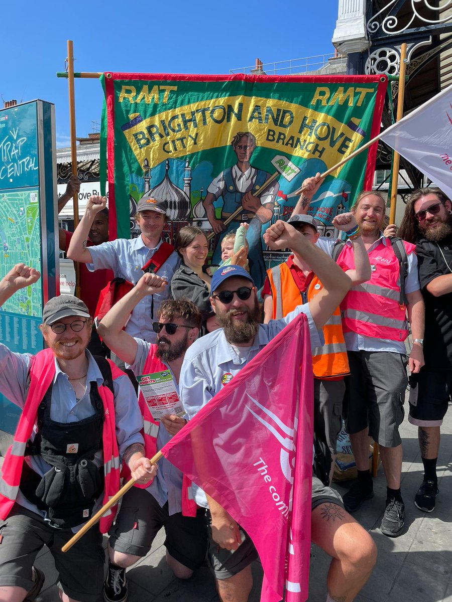 Solidarity with striking @RMTunion from Brighton CWU members. Power to the workers, Victory to the RMT! #ToryRailStrike