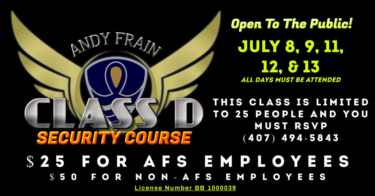AndyfrainO's tweet photo. Orlando- 2 class D security classes in July!
https://t.co/pc5EnA8UyZ https://t.co/75fDiZVVfW