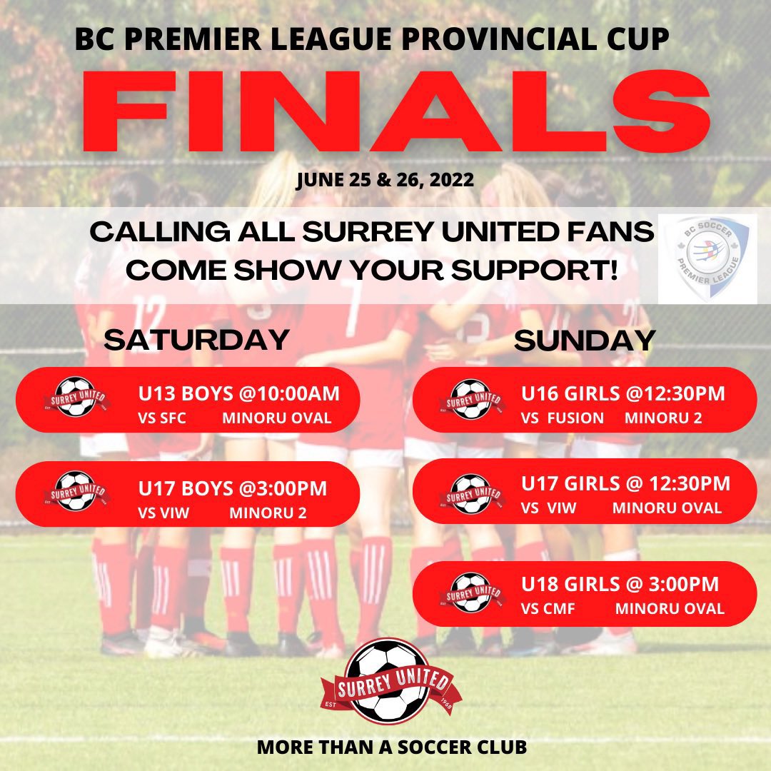 Check this. <a href="/SurreyUnitedSC/">Surrey United Soccer Club</a> has FIVE soccer teams at provincials this weekend at Minoru in Richmond. Both U17 boys/girls have shots at nationals this fall. 
Club has reason to celebrate this achievement! <a href="/SurreyNowLeader/">Surrey Now-Leader</a> <a href="/BCSPL1/">BC Soccer Premier League</a> <a href="/BCSoccerRumours/">BC Soccer Rumours</a>