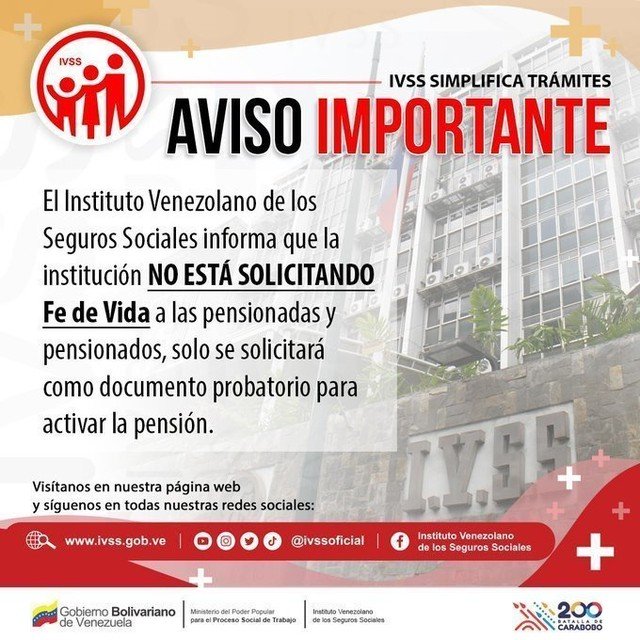 ivssoficial's tweet photo. El IVSS Informa que la institución NO está solicitando FE de VIDA a las pensionadas y pensionados. SOLO SE SOLICITARÁ como documento probatorio para activar la pensión.

#PorUnSeguroMásSocial 
@MagaGutierrezV
@NicolasMaduro https://t.co/MPUzMzjfkN