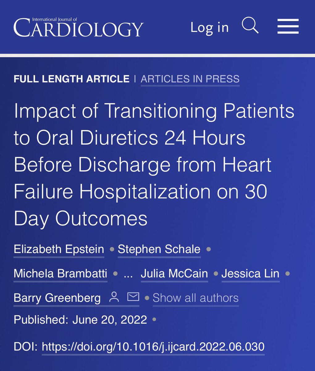 Elizabeth Sage Epstein, MD (@lizziesagemd) on Twitter photo Pleased to share our paper looking at the impact of transitioning patients to oral diuretics for >/=24h prior to d/c, published this week <a href="/IJCardio/">International Journal of Cardiology</a>. It did not improve outcomes! Thanks to Barry Greenberg for the opportunity & mentorship! #cardiology #heartfailure #Cardiotwitter Pleased to share our paper looking at the impact of transitioning patients to oral diuretics for >/=24h prior to d/c, published this week <a href="/IJCardio/">International Journal of Cardiology</a>. It did not improve outcomes! Thanks to Barry Greenberg for the opportunity & mentorship! #cardiology #heartfailure #Cardiotwitter
