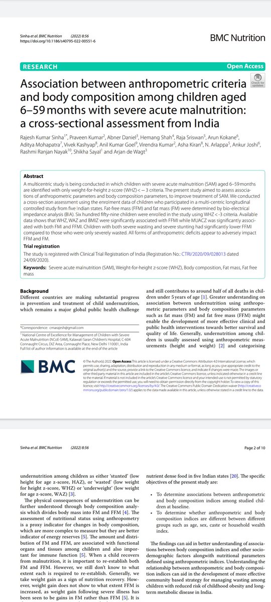 Published a research article on association btw anthropometric &amp; body composition among children with #SAM from 5 Indian states of India in #BMCNutrition. This is a multicentric study with <a href="/NKsch/">NNRRTC_KSCH</a>, #CIFF,  #UNICEF, #AIIMS Bh. &amp; Raipur, #NIN, RIMS &amp; #NHM Od
rdcu.be/cQhxq