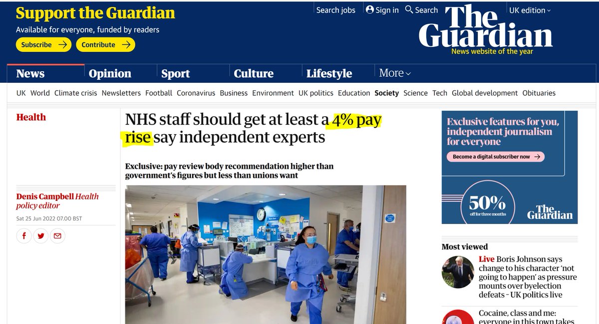 goldstone_tony's tweet photo. Dear @guardian @denis_campbell 

Please can you not do government's work for them &amp; label this as a "pay RISE"

It's a 4% pay "award" which is 6-8% BELOW INFLATION &amp; therefore a MASSIVE PAY CUT

Please can you amend your title?

RT if you agree

(also not sure PRB="independent") https://t.co/pO6pkWHCYO