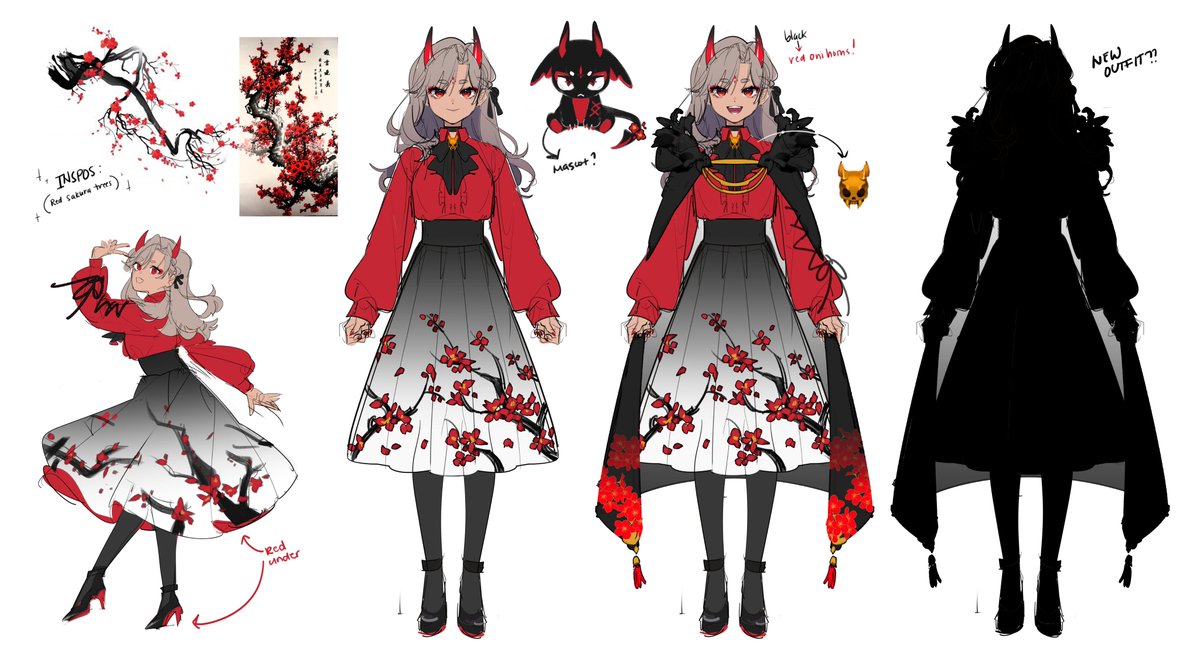 1girl skirt horns grey hair multiple views reference sheet pantyhose  illustration images