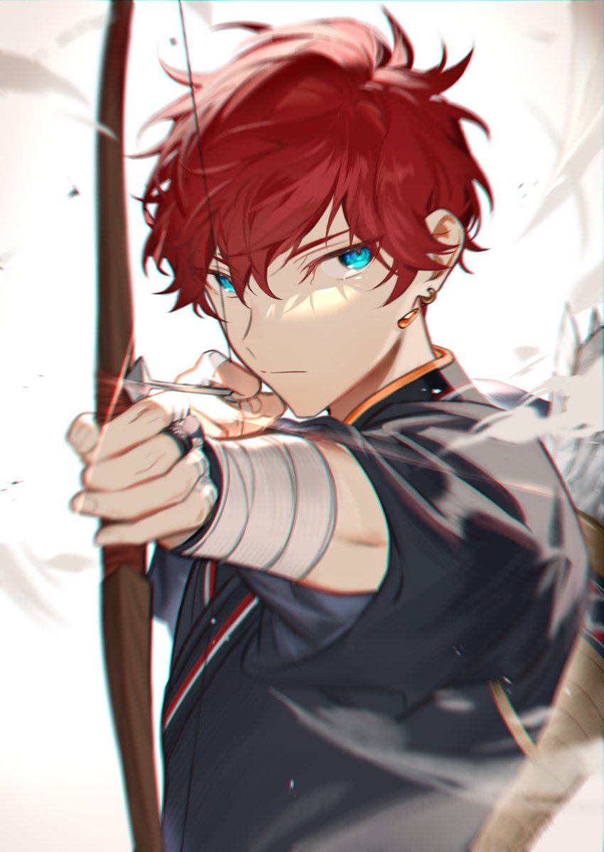 1boy holding bow (weapon) male focus bow (weapon) red hair solo weapon  illustration images