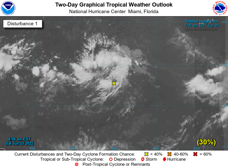 NHC_Atlantic's tweet photo. 8 am EDT Jun 25: A tropical depression could form over the tropical Atlantic during the early to middle part of next week while it moves westward, approaching the Windward Islands on Tue and the SE Caribbean by Wed.

Next outlook at 2 pm. Latest updates: https://t.co/tW4KeFW0gB https://t.co/AEQzAU5Y8G