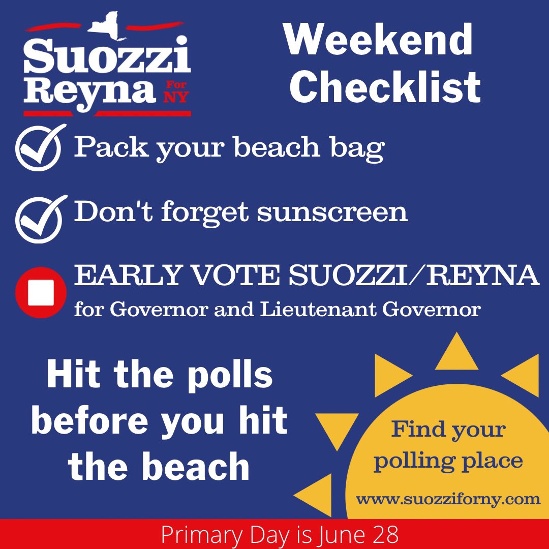 Tom_Suozzi's tweet photo. Weekend checklist โ
Visit https://t.co/qL0r7Me1Au to find your polling site. #VoteEarly or #VoteJune28 https://t.co/MlmKaO7Qxg