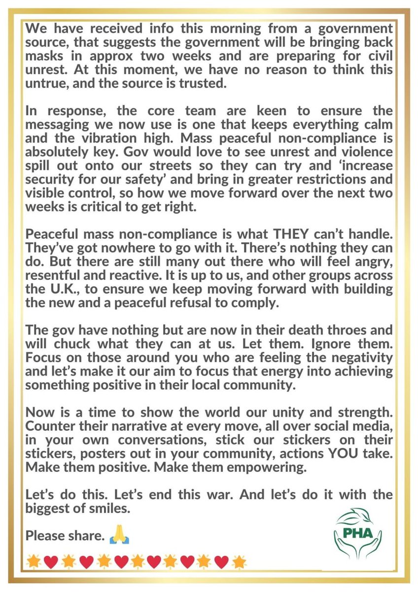 TPHA_UK's tweet image. 🔥🌟🔥🌟🔥🌟Hello PHA family! We have an important update below. Please read &amp;amp; share🙏

Wherever we go, whatever we do, we do it peacefully &amp;amp; with #love in our hearts. WE have the opportunity to show others NOW that there is another way ❤️🙏❤️

#noncompliance #freedom