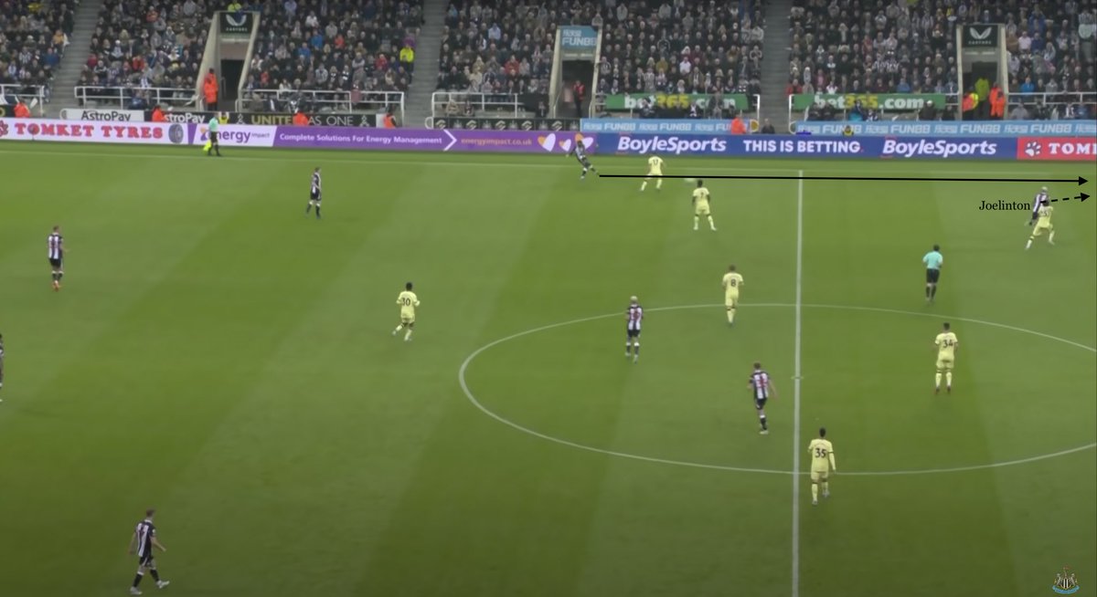 PremLeaguePanel's tweet photo. The Joelinton-Guimarães no. 8 partnership has monstrous ball-winning that allows Howe to press high. Guimarães’ passing in the final third is superb, whilst Joelinton excels at making selfless off-ball runs. Newcastle are a technical 6 away from having a phenomenal midfield trio. https://t.co/ShqFjpC1N8