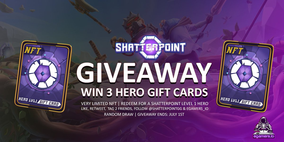 🎁GIVEAWAY TIME🎁

🌟Win 3 #NFT Hero Gift Cards from <a href="/Shatterpointgg/">Shatterpoint</a>.

🔓To participate:
Like, Retweet, Tag 2 Friends &amp; Follow 
<a href="/Shatterpointgg/">Shatterpoint</a> &amp; <a href="/egamers_io/">eGamers.io - Play to Earn, NFT & Metaverse</a>.

🤞Good Luck everyone!

Tags: #Playtoearn #Shatterpoint #Play2earn #Gaming #Cryptogames #NFTGiveaway #NFTGames.