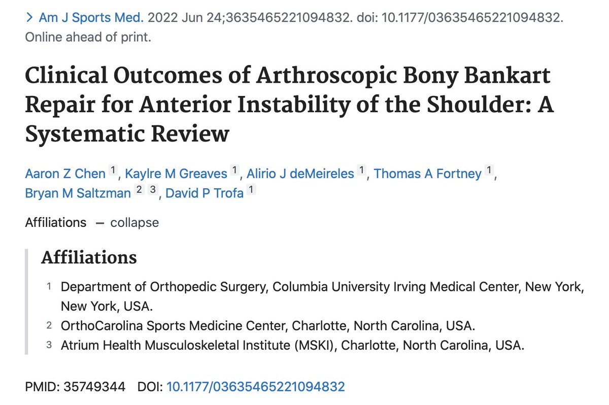 DrBryanSaltzman's tweet photo. Our new #Systematic #Review now indexed in @AJSM_SportsMed evaluates 21 studies (769 patients) after arthroscopic #Bony #Bankart repair in shoulder #instability, finding 11.9% overall recurrent instability rate and pooled #RTS of 91%!

@OrthoCarolina @AtriumMSKI @DavidTrofaMD https://t.co/4Ewcjl52aL