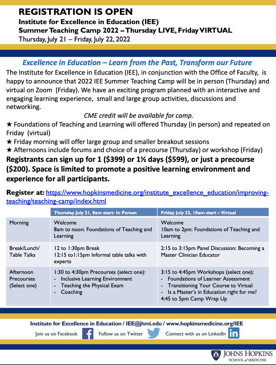 This year <a href="/Hopkins_IEE/">IEE</a> will be hosting our Summer Teaching Camp on Thursday, July 21 &amp; Friday, July 22. It is a fantastic opportunity to learn from #MedEd experts &amp; choose your own learning adventure. 

See below flier &amp; click the link below to register!

hopkinsmedicine.org/institute_exce…