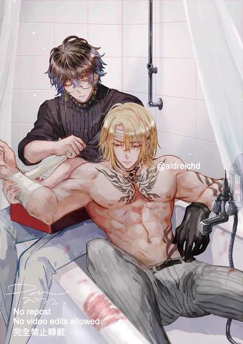 "On my birthday, really?"

Ostensibly Ike treating a wounded Luca who materialized in front of his doorstep in the dead of the night in the bathroom to prevent blood from dripping all over the floor. 

#drawluca #Ikenography #lucake 