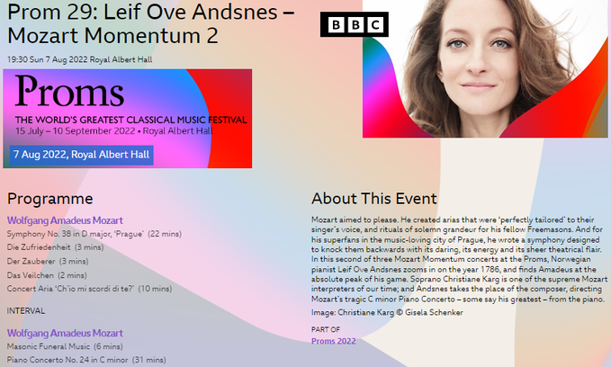 MozartCircleCN's tweet photo. 7 August 2022 #Prom29 @BBC
@LeifOveAndsnes @Mahler_Chamber & #ChristianeKarg present
#Mozart
Symphony No. 38 D major Prague
Die Zufriedenheit
Der Zauberer
Das Veilchen
Aria ‘Ch’io mi scordi di te?’
Masonic Funeral Music
Piano Concerto No. 24 C minor! #ff
https://t.co/yMWJfI94ka https://t.co/bYo0Hwms7L