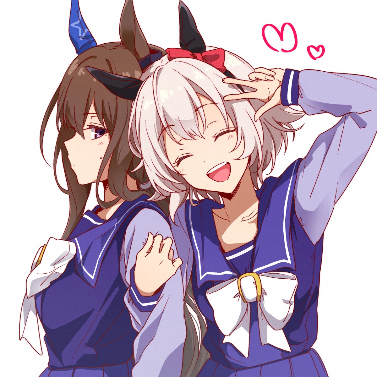 admire vega (umamusume) ,curren chan (umamusume) multiple girls 2girls animal ears horse ears school uniform closed eyes long hair  illustration images