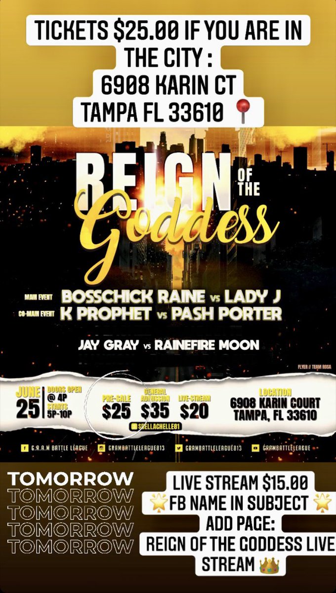 beam_1987's tweet photo. T O D A Y 🎯
Issa Vibe In The City 🌴

Pull Up If You In Tampa Or Surrounding Areas 🚨

Live Stream Available If You Can’t Be In The Building ‼️

#TampaBay #femalebattlerap #battlerap #grambattleleague #today #florida #supportfemalebattlerap https://t.co/CjPvUKUOkD