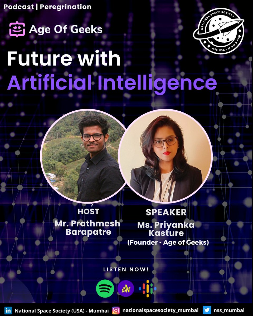 In this episode, we have Ms. Priyanka Kasture (@Priyanka_HK)  Founder - @ageofgeeks_in talking or conversing about the Future with Artificial Intelligence, how AI is shaping the future in various ways. 

Podcast link: 
podcasts.google.com/feed/aHR0cHM6L…

#AI #Space #Science #Googlebrain