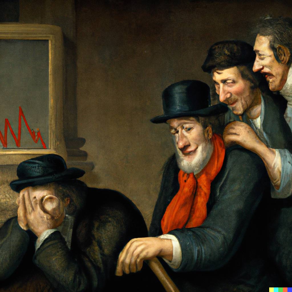 kolar_eth's tweet photo. Starting a series of generated AI pictures with the DALLE 2 model - related to crypto. The current mood:

"Rembrandt's painting depicting a scene of adult men desperately crying over a red stock graph losing 90% of the value"

#BearMarket2022 #Rembrandt #dalle2 #dalle https://t.co/x82us6C0o0