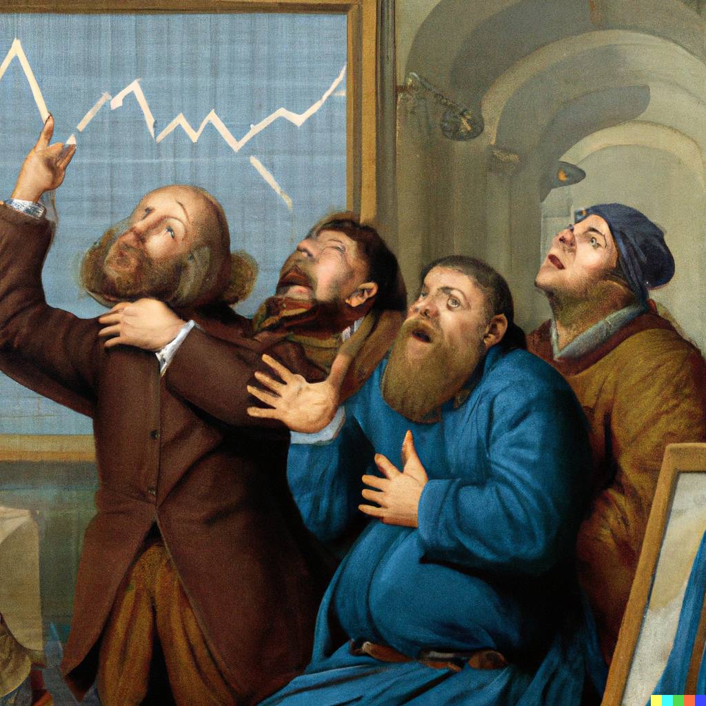kolar_eth's tweet photo. Starting a series of generated AI pictures with the DALLE 2 model - related to crypto. The current mood:

"Rembrandt's painting depicting a scene of adult men desperately crying over a red stock graph losing 90% of the value"

#BearMarket2022 #Rembrandt #dalle2 #dalle https://t.co/x82us6C0o0