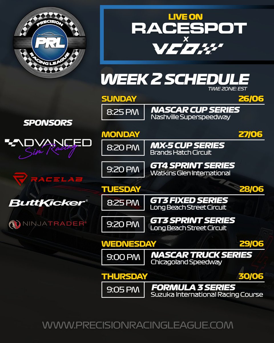 Let's go! All our series are back in action this week for Round 2!

Make sure to follow <a href="/RaceSpotTV/">RaceSpot TV</a> and <a href="/vcoesports/">VCO 🕹🏎</a> so you don't miss any action !

twitch.tv/vcoesports
youtube.com/c/RacespotTv

Thanks to our sponsors:
<a href="/AdvSimRacing/">Advanced SimRacing</a> <a href="/TheButtKicker/">The ButtKicker</a> <a href="/RaceLab3/">RaceLab</a> <a href="/NinjaTrader/">NinjaTrader</a>