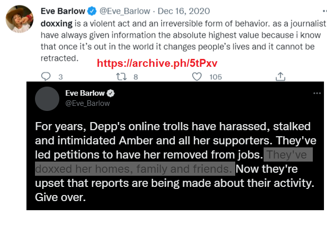 ThatUmbrella's tweet photo. Doxxing is a VIOLENT ACT - Eve Barlow

ALSO

Doxxing is OK when I do it, as long as I lie about why I did it.  - Eve Barlow https://t.co/QRo0cJ5bRo