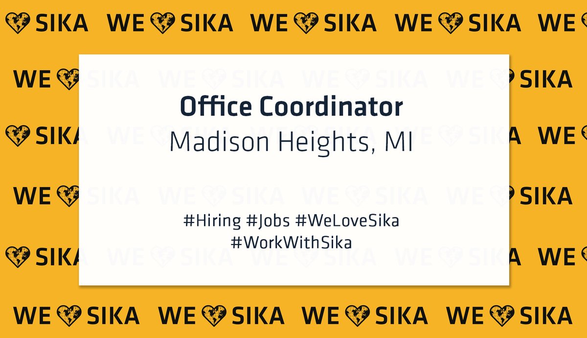 Sika_USA's tweet photo. Our location in Madison Heights, MI is seeking an Office Coordinator to make an immediate impact. Apply on LinkedIn: https://t.co/aBTCuDoh8V
#Hiring #Jobs #WeLoveSika #WorkWithSika https://t.co/TGTvNQCdYm
