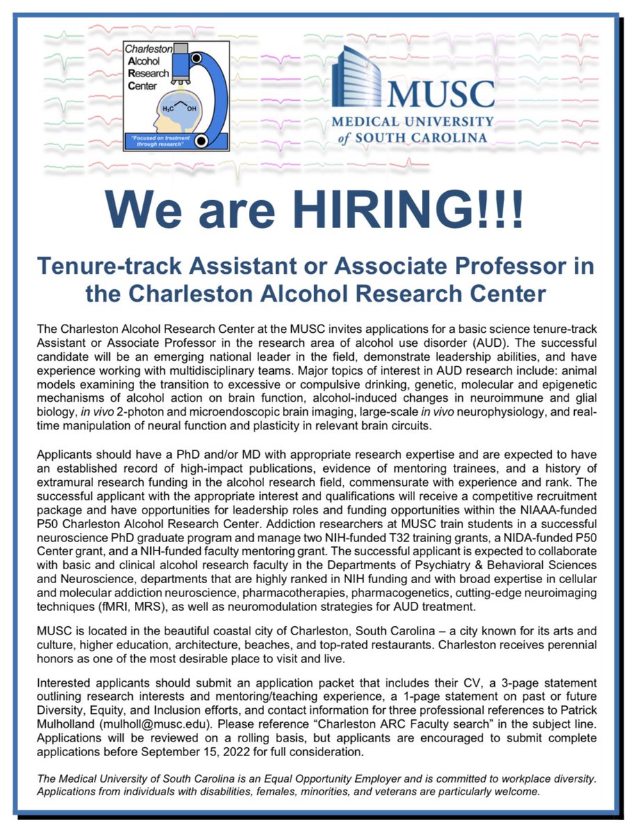 charlestonarc's tweet image. We are HIRING - #tenuretrack faculty position in #Alcohol #Neuroscience for the P50 Alcohol Research Center - please RT #RSoA2022 @MulhollandLab @DrJRink @neuro_MUSC @LawrenceChandl8