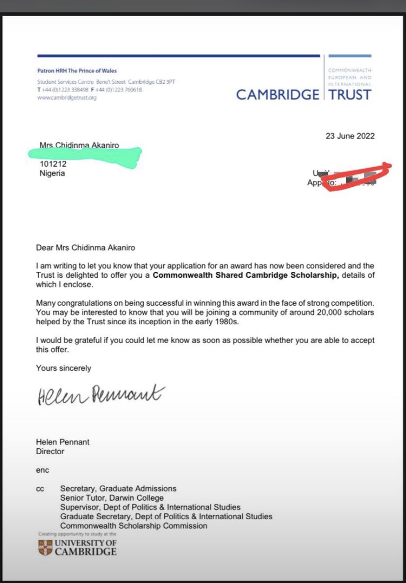 It’s a full scholarship to Cambridge University💃🏻💃🏻💃🏻

Full gist loading but for today, we dance🙌🏼🙌🏼🙌🏼💃🏻💃🏻💃🏻💃🏻 #CommonwealthScholar Oshey🙌🏼