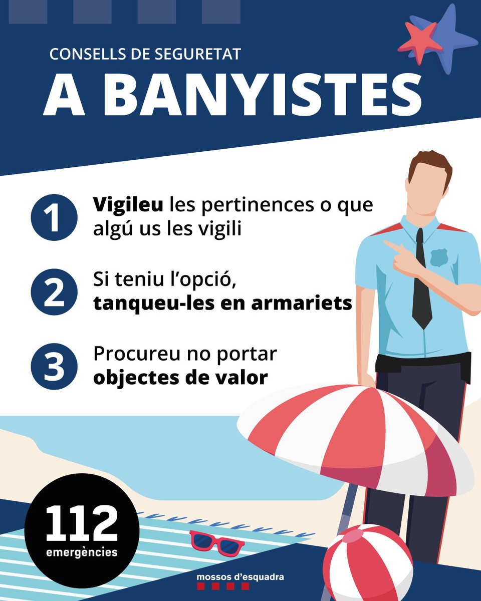 mossos's tweet photo. Alerta! Quan et banyes, n’hi ha que aprofiten per agafar les pertinences que has deixat a la tovallola. Si veus alguna persona amb actitud sospitosa, avisa’ns al @112 #BanySegur https://t.co/8Fy4FlLt70