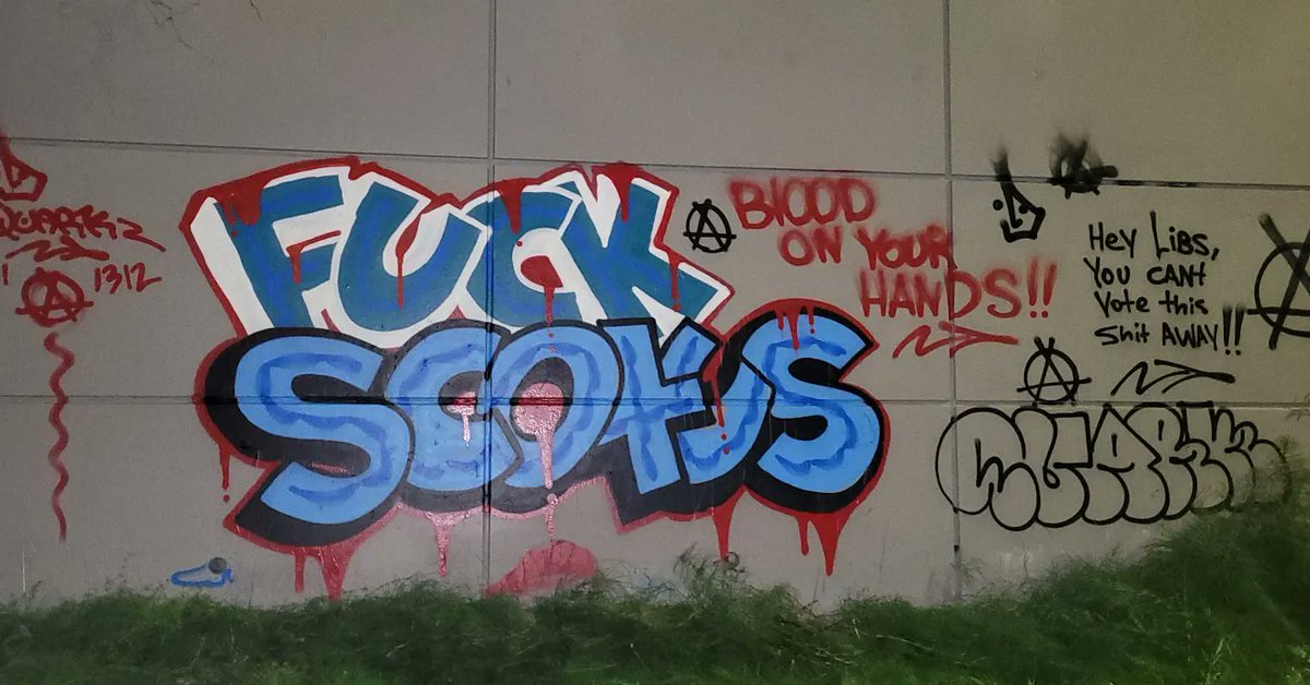 Alt ID: Some graffiti that says 'Fuck SCOTUS' in large letters and 'Blood on your hands' next to it. Next to that it says 'Hey Libs, You can't vote this shit away' #Graffiti #SCOTUS #RadicalGraffiti #RoeVsWade #SeattleGraffiti #SeattleProtest #SeattleProtests #SupremeCourt