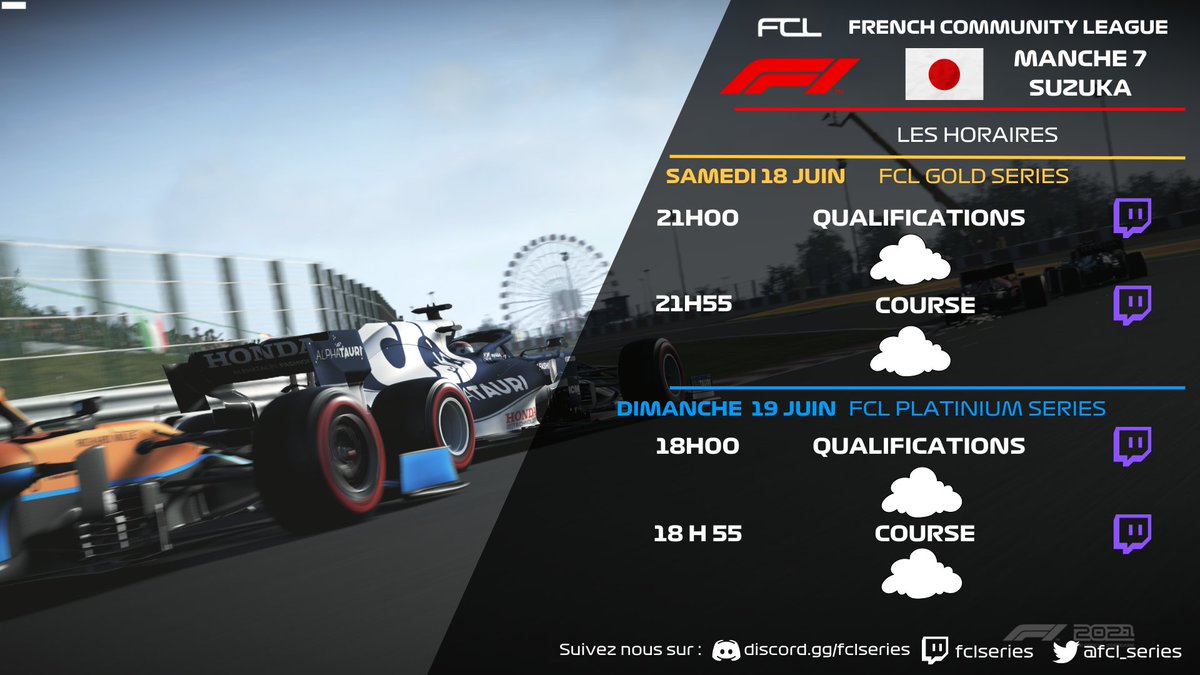 #FCLseries Week-end end de course à la FCL ! Retrouvez dès ce soir 21h en live la #FCLgold sur le GP de Suzuka 🇯🇵 ! Avant dernière manche de la saison, le titre se jouera t'il ce soir ?

Twitch.tv/fclseries