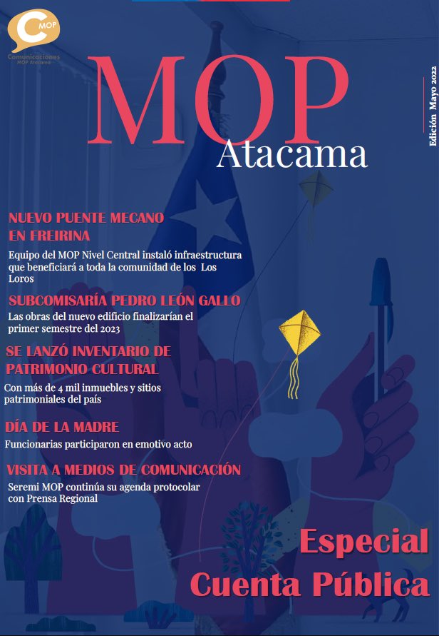 👷🏼‍♀️☝️Te invitamos a leer nuestra "Revista <a href="/MOP_Atacama/">MOP ATACAMA</a>" correspondiente al mes de #Mayo, donde encontrarás el acontecer del <a href="/mop_chile/">Ministerio de Obras Públicas🇨🇱</a> en la región!

👉 Revista Digital:
flipsnack.com/mopatacama/rev…

👉 En nuestro Facebook: facebook.com/10006910432415…

No te la pierdas!