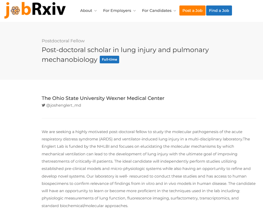 jobRxiv (@jobrxiv) on Twitter photo Post-doctoral scholar in lung injury and pulmonary mechanobiology with <a href="/joshenglert_md/">Joshua Englert, MD</a>
The Ohio State University Wexner Medical Center, Columbus, USA
jobrxiv.org/job/the-ohio-sā¦
#ScienceJobs Post-doctoral scholar in lung injury and pulmonary mechanobiology with <a href="/joshenglert_md/">Joshua Englert, MD</a>
The Ohio State University Wexner Medical Center, Columbus, USA
jobrxiv.org/job/the-ohio-sā¦
#ScienceJobs