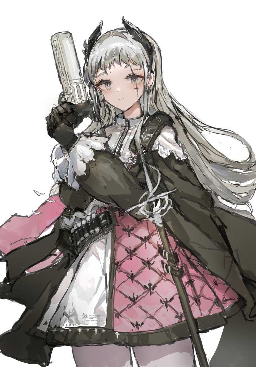 irene (arknights) 1girl weapon gun solo holding grey hair gloves  illustration images