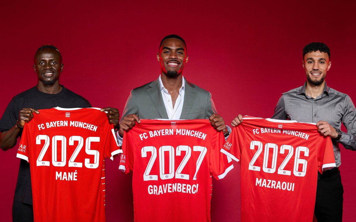 FC Bayern München Español "¡Los nuevos miembros de nuestra familia! 😎🔴⚪ ✓ #Mané ✓ @RGravenberch ✓ #Mazraoui #FCBayern #MiaSanMia https://t.co/j8aDrbAuOk" / Twitter