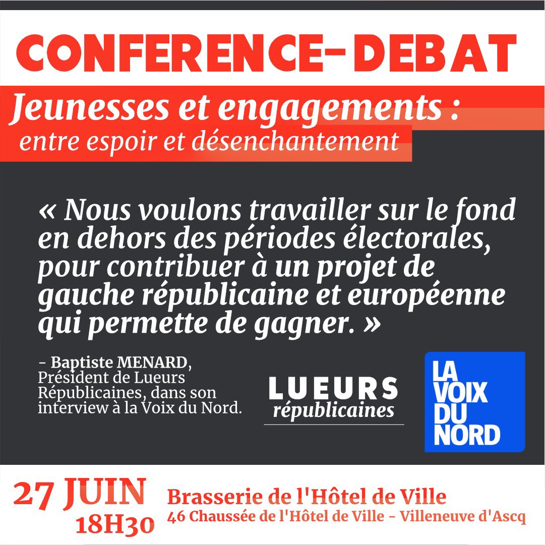 LueursRep's tweet photo. «Nous voulons travailler s/ le fond en dehors des périodes électorales, pour contribuer à un projet de #gauche #républicaine et #européenne qui permette de gagner!» @BaptisteMenard dans @vdascq 
📌RDV le 27 juin à 18h30 à Villeneuve d’ascq
🗞Lire l’article https://t.co/0ngZRwDkZQ https://t.co/UjFpYw5pyZ