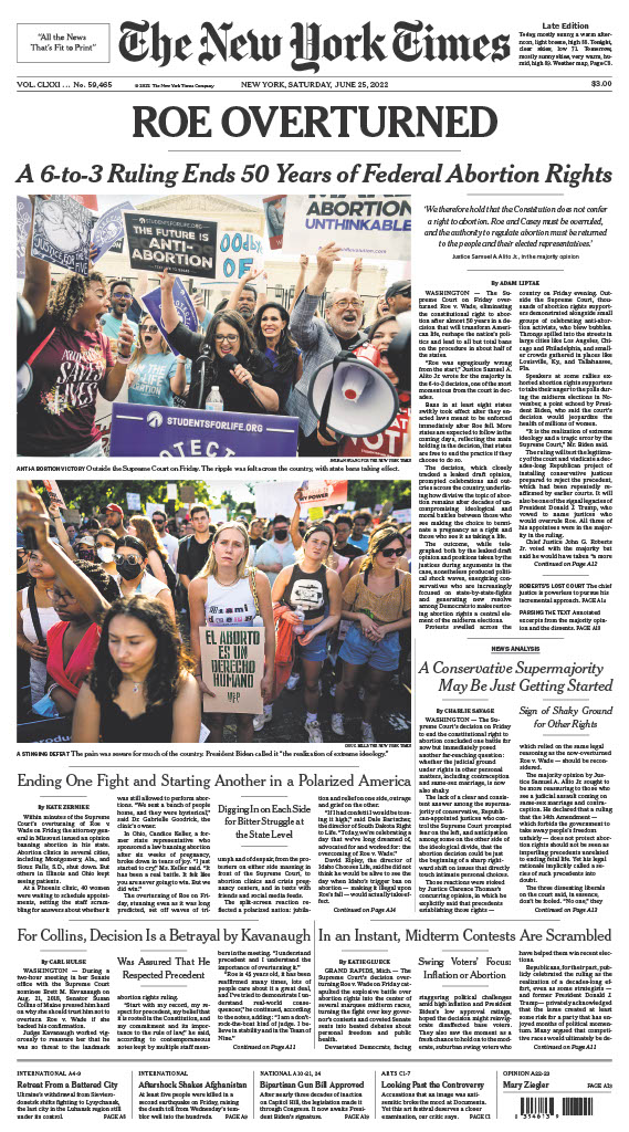nytimes's tweet photo. The front page of The New York Times for Saturday, June 25, 2022. https://t.co/l94XJdVttu