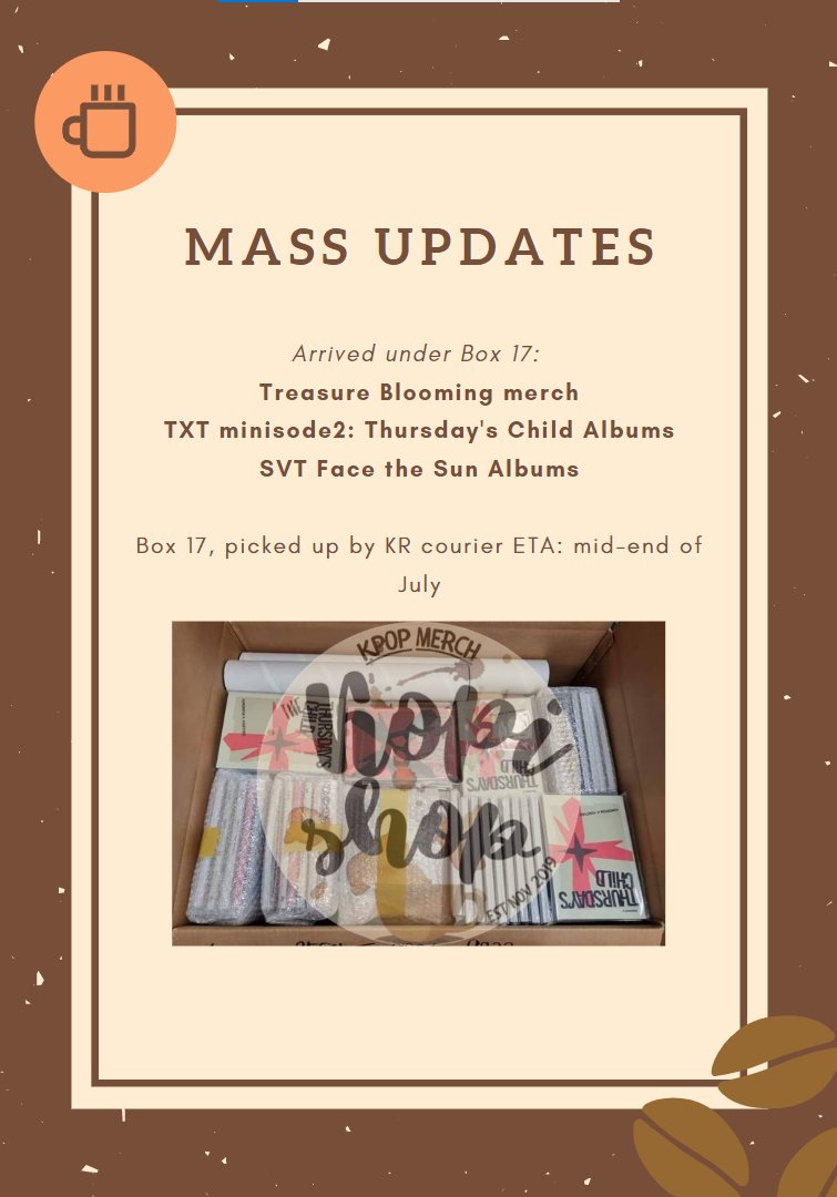 thekopishop's tweet photo. #KopiUpdates MASS UPDATES AS OF 6/25/22 SATURDAY 9:30PM

- Please don't hesitate to DM us if you have questions, clarifications, inquiries etc.
- Masterlist is being updated regularly and know that we have received your payment.

Thank you so much and God bless! 🤎🤎🤎 https://t.co/Vt8AdleOLX