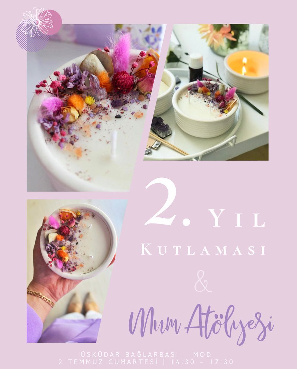 MOD’da 2. Yıl Kutlaması &amp; Mum Atölyesi!
Sizlerle tanışmak, sohbet etmek ve rengârenk mumlar ortaya çıkarmak için sabırsızlanıyoruz! 😍
Bilgi ve kayıt için bizimle iletişime geçebilirsiniz. 💜✨