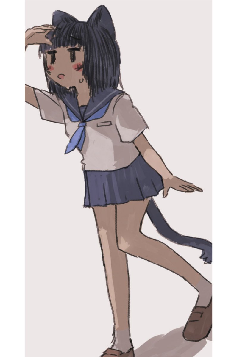 1girl solo animal ears black hair school uniform cat ears simple background  illustration images