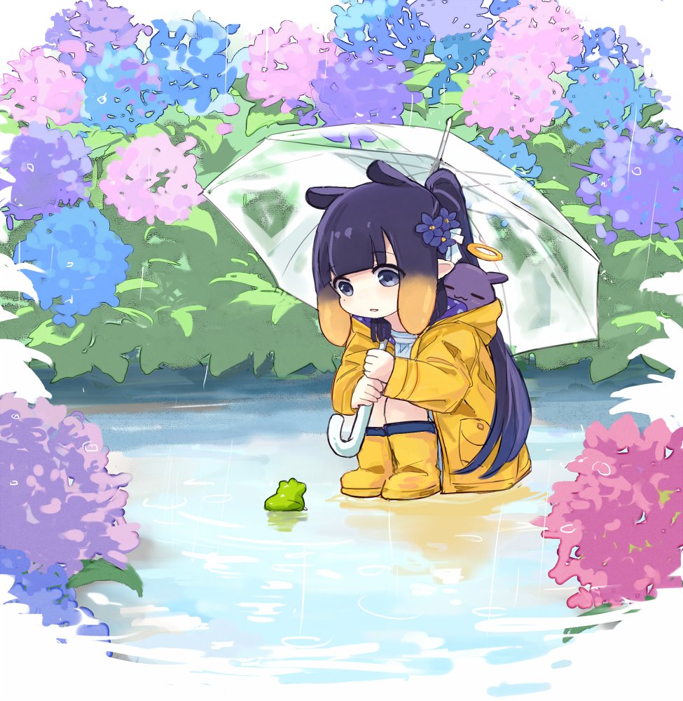 ninomae ina'nis ,takodachi (ninomae ina'nis) 1girl hydrangea raincoat flower rubber boots yellow raincoat long hair  illustration images