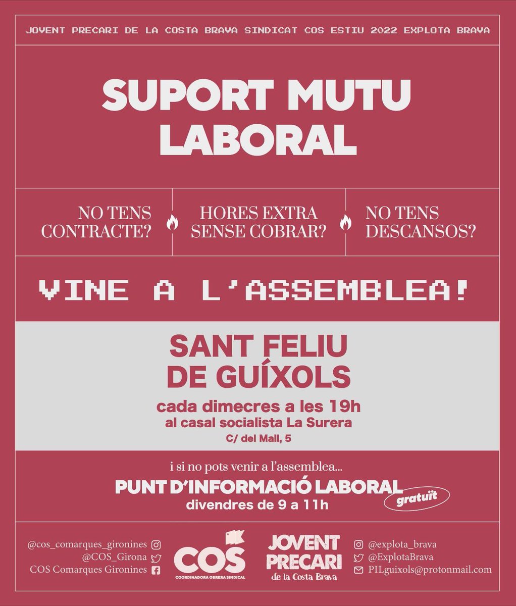 ➡️ A #Figueres i Sant Feliu de #Guíxols comencem la setmana que ve dues noves eines al servei de la classe treballadora.

Els Suport Mutu Laboral se sumen als Punts d’Informació Laboral de #Girona i #Blanes.

Estenem el sindicat, la clau de la victòria! #AutodefensaLaboral ✌🏼